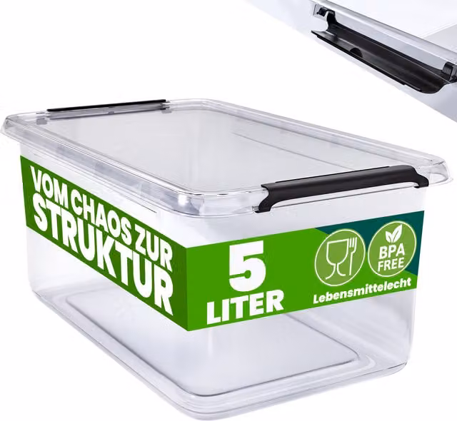 Set di 8 scatole portaoggetti DEUBA in plastica trasparente con coperchio a scatto, impilabili e lavabili in lavastoviglie, L: 30 cm, P: 20 cm, H: 12 cm