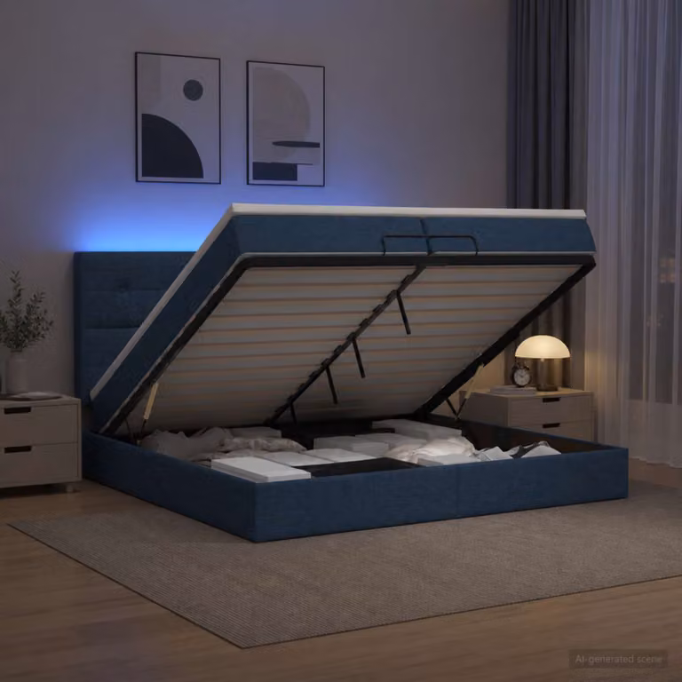 Letto Ottomano vidaXL con Materasso Ibrido e Illuminazione LED Blu, L/P/H: 200 x 200 x 88 cm