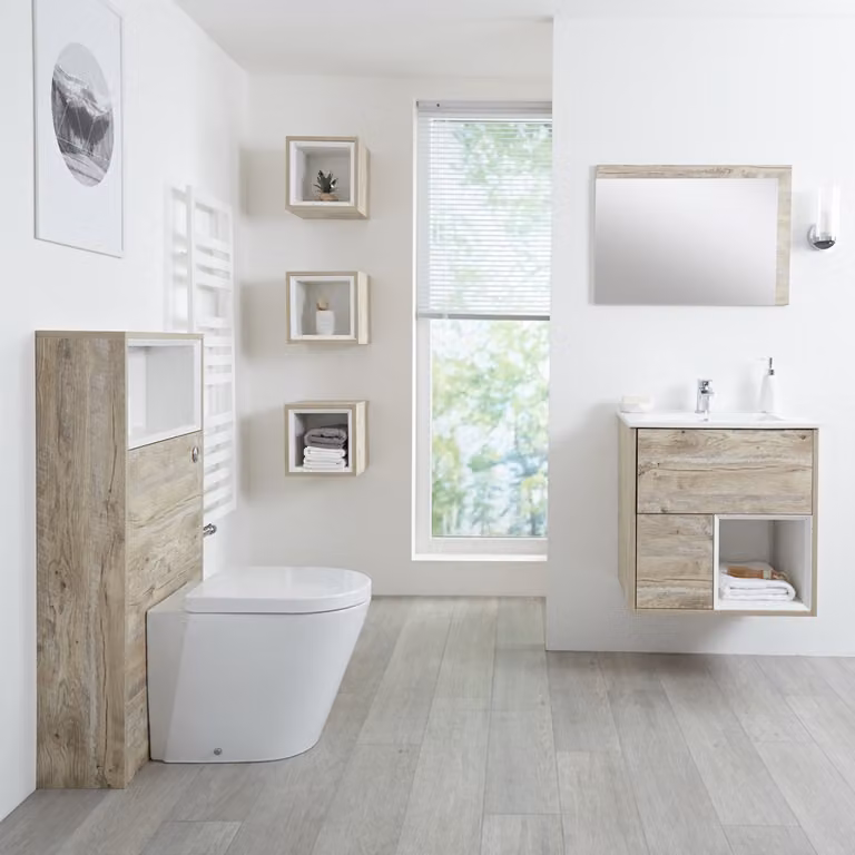 Mobile Bagno Sospeso da 600mm in Rovere Chiaro con Lavabo Integrato, Mobile WC e Sanitario - Senza LED - Hoxton
