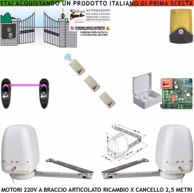 Automatismo Braccio Articolato 2 Motori 220 V Apricancello 5 Metri Automazione 2 Ante da 0,5 Fino a 2,5 Metri Centrale CBR 3 Radiocomandi Fotocellule Selettore