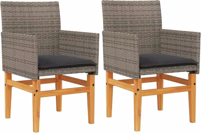 Set di 2 sedie da giardino moderne in polyrattan grigio con cuscini in tessuto e struttura in legno di acacia oliato con braccioli