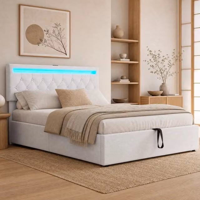 Letto matrimoniale MODFU imbottito con contenitore, illuminazione LED sottostante e porte USB/USB-C, bianco, L/P: 140 x 200 cm