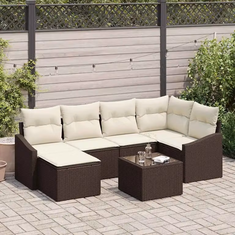 Set di divani da giardino vidaXL 7 pezzi in rattan marrone con cuscini e tavolino da esterno