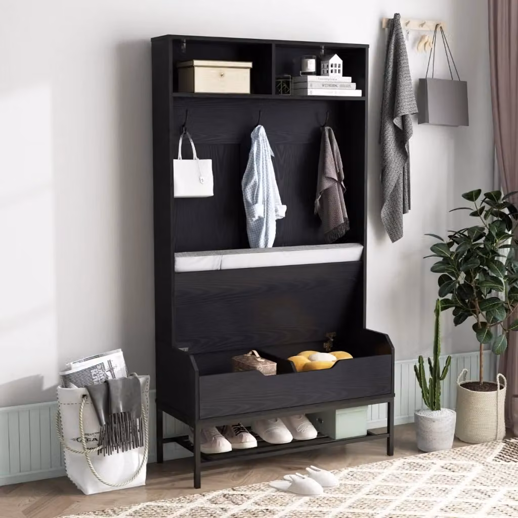 Appendiabiti da ingresso Design Mania con seduta e porta scarpe, Nero, H: 170 cm, L: 150 cm, P: 38,5 cm – 2