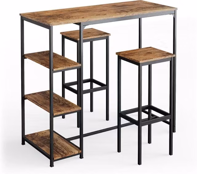 Set Tavolo Bar con 2 Sgabelli Vicco Fyrk in Legno Antico Marrone con Ripiani L: 120 cm, P: 50 cm, H: 105 cm – 1