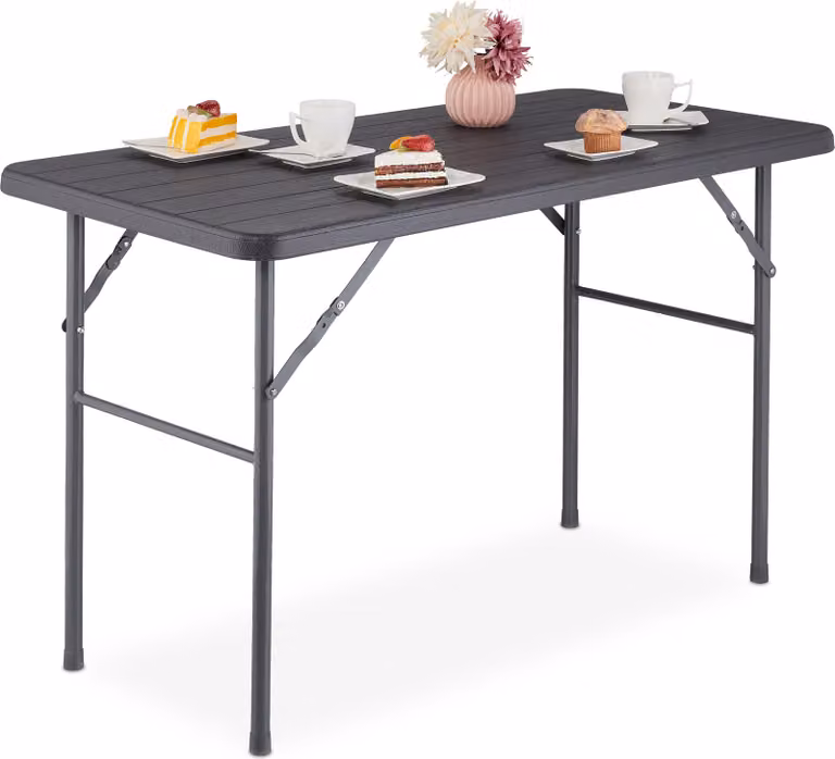 Tavolo da giardino Relaxdays, effetto legno, rettangolare, A x L x P: 74 x 118 x 60 cm, plastica, metallo, tavolo da terrazza pieghevole, grigio