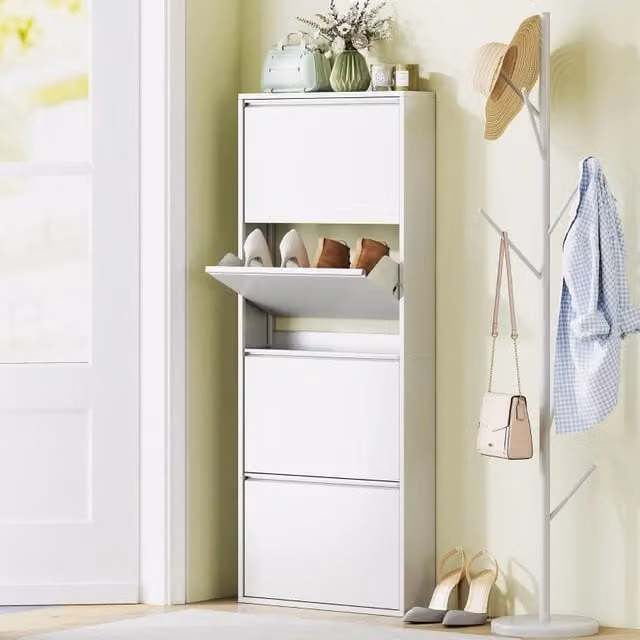 Scarpiera in metallo REDOM bianca con 4 ante a ribalta, design minimalista, L: 55 cm, P: 15 cm, H: 139,5 cm