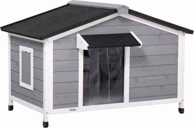 Cuccia per cani XYLO in legno massello di abete con tetto impermeabile e rimovibile, Grigio Bianco, L: 109 cm, P: 79 cm, H: 72 cm