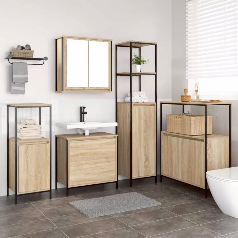 Set di mobili da bagno moderno vidaXL in legno beige e marrone composto da 5 pezzi con base lavabo, pensili e armadio alto, L/P/H: 36 x 35 x 165 cm