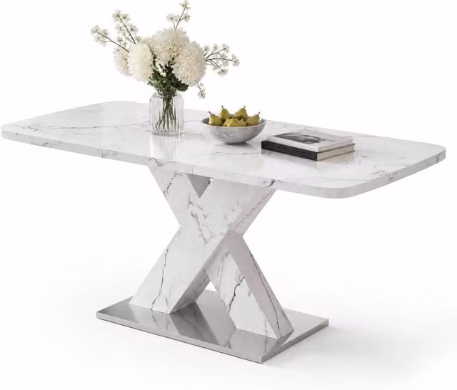Tavolo da pranzo rettangolare allungabile REDOM bianco con effetto marmo moderno L/P/H: 120-160 x 80 x 76,5 cm