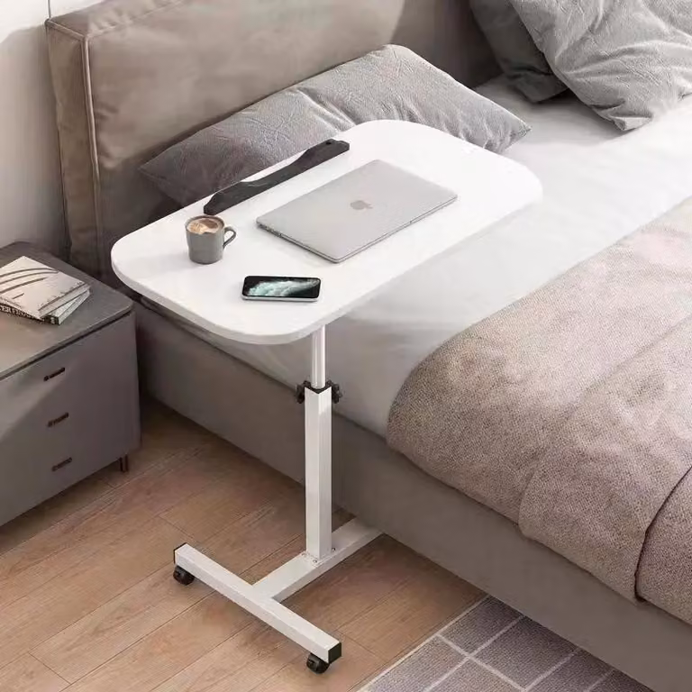 Tavolino per laptop - Tavolino da letto mobile - Regolabile in altezza - Pieghevole - Struttura in legno - Con rotelle - Bianco, taglia L