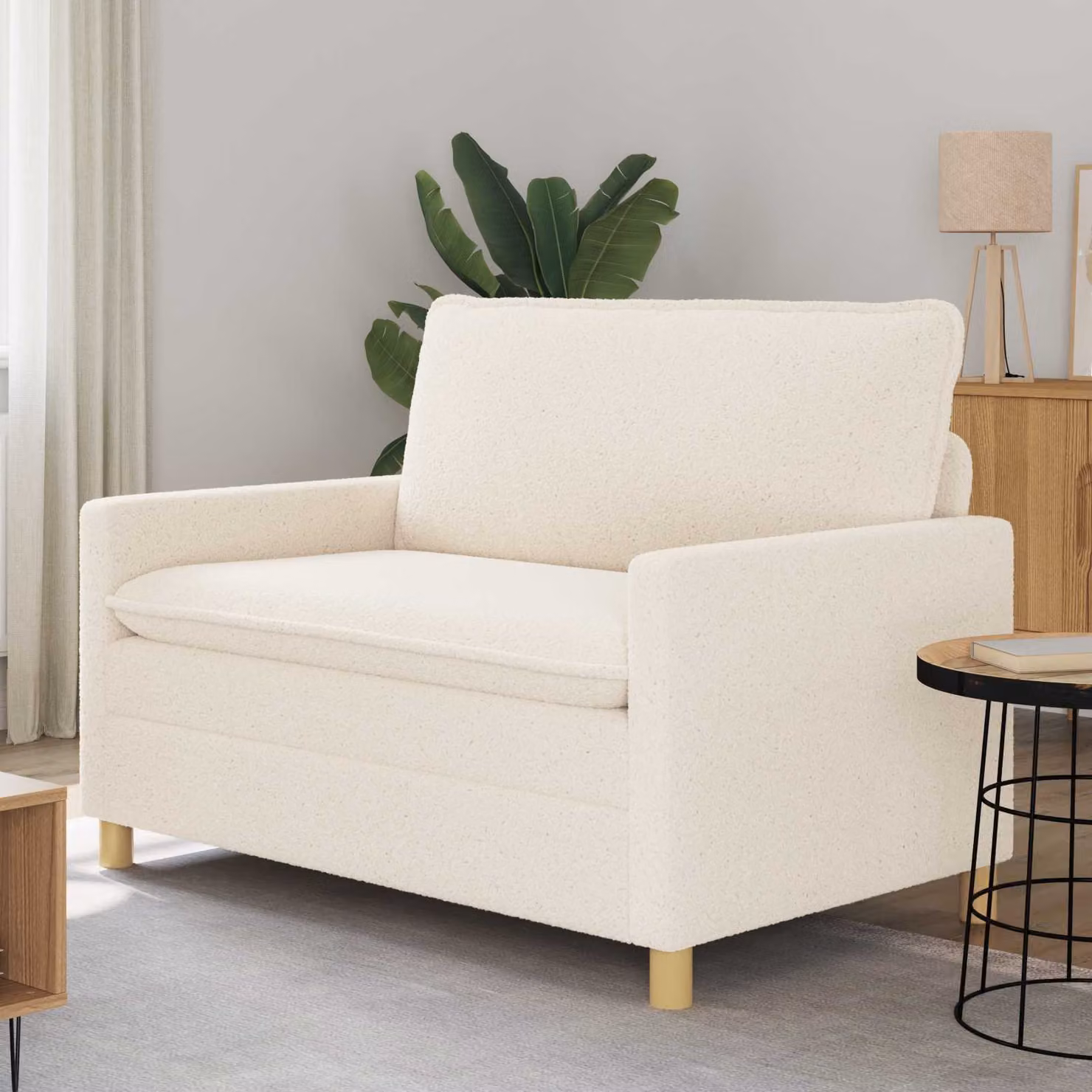 Divano moderno vidaXL in tessuto beige con struttura in metallo, L: 126 cm, P: 81 cm, H: 87,5 cm