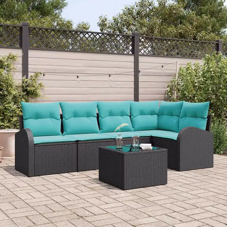 Set Divano da Giardino vidaXL 6 Pezzi con Tavolino e Cuscini in Polyrattan Nero e Turchese
