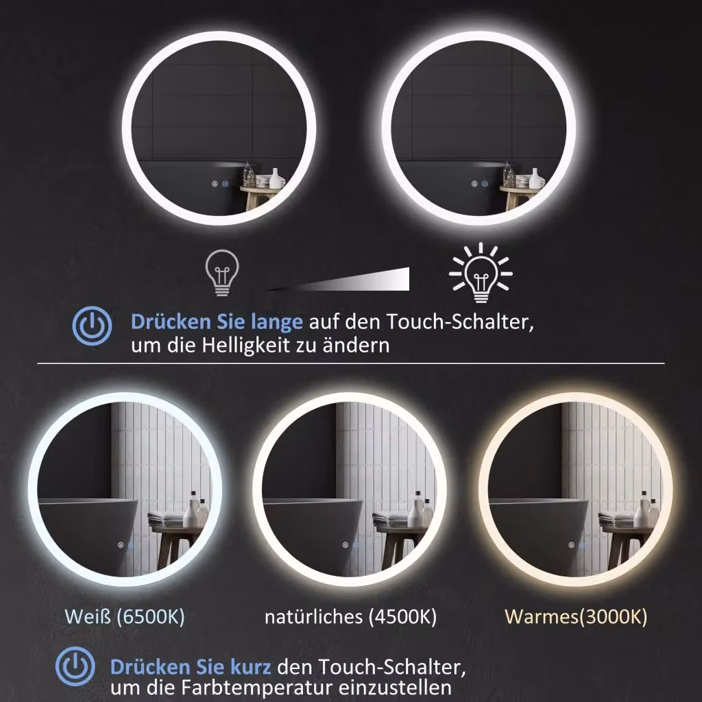 Specchio da bagno rotondo REDOM Bianco con LED, touch switch e funzione antiappannamento, Diametro: 70 cm – 2