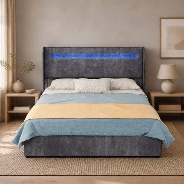 Letto imbottito LED con testiera regolabile 140x200 cm grigio