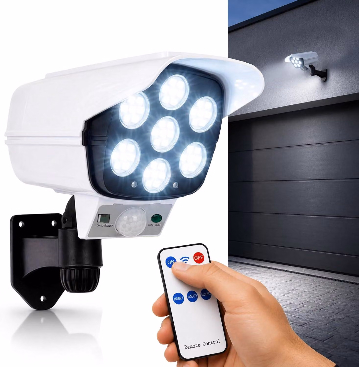 LUMILED Lampada solare a parete, finta telecamera LED LEMER con sensori, telecomando, 6500K, bianco freddo, grado di protezione IP44, lampada da esterno per giardino, illuminazione esterna, resistente agli spruzzi, sensore di luminosità