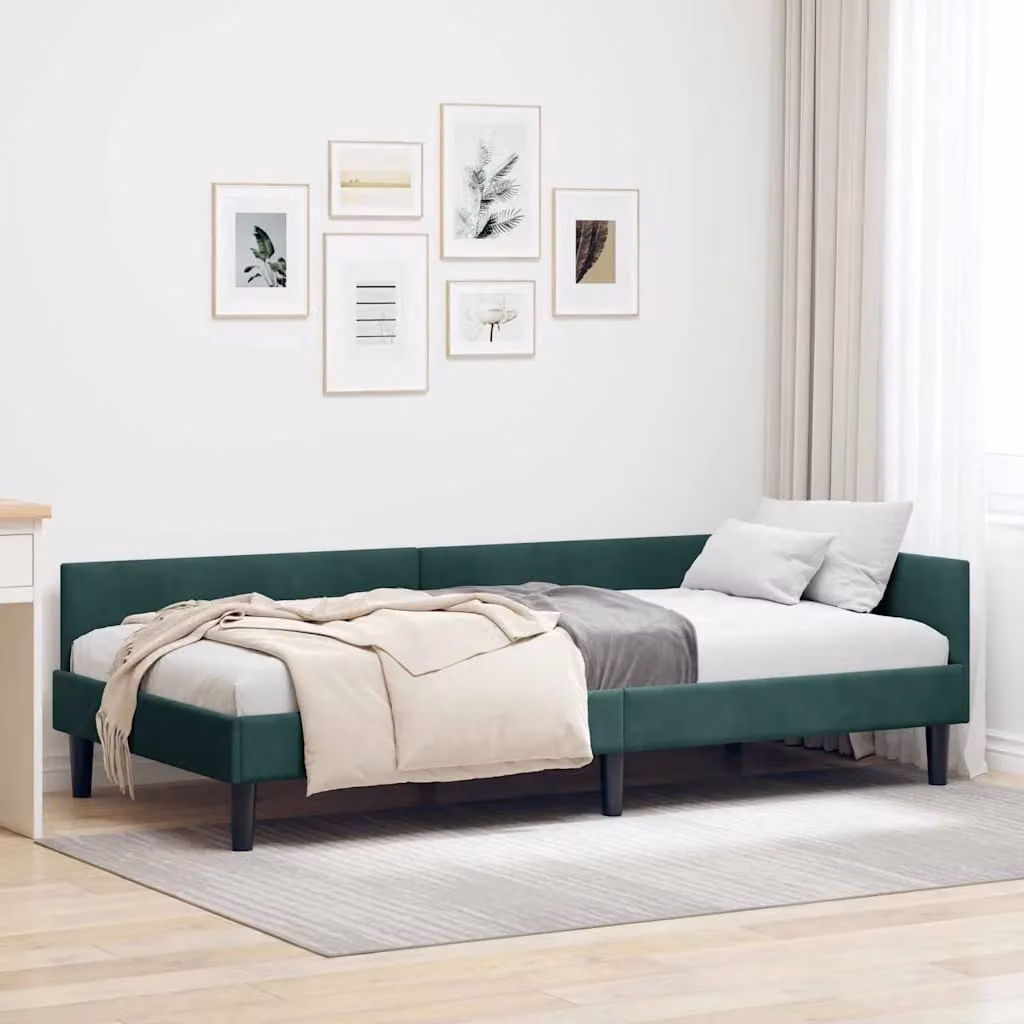 Cornice del letto ad angolo vidaXL in velluto verde con doghe in legno, 90 x 190 cm