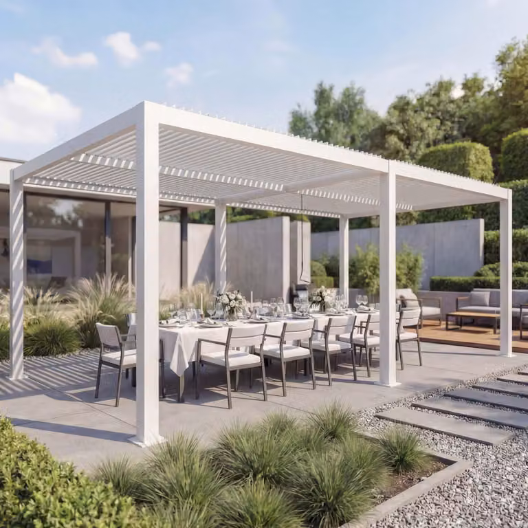 Pergola MCW-L46, gazebo da giardino con lamelle, struttura in alluminio da 11 cm, grondaia resistente alle intemperie, 3x6 m ~ bianco