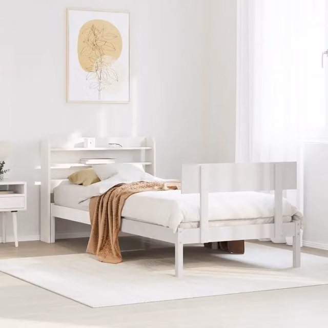 Letto singolo vidaXL in legno massello di pino bianco con doghe piatte e ripiani laterali L/P/H: 190 x 75 x 82 cm