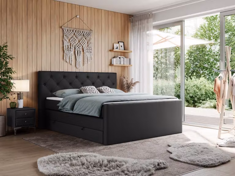Letto matrimoniale con materasso Multipocket e coprimaterasso, letto boxspring con cassetti - KING VELEN - 160x200 cm - Nero - H4