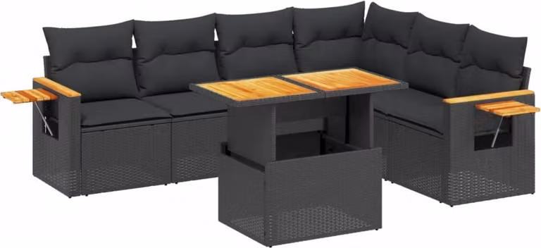 Set Divani da Giardino con Cuscini 7pz Nero Polyrattan
