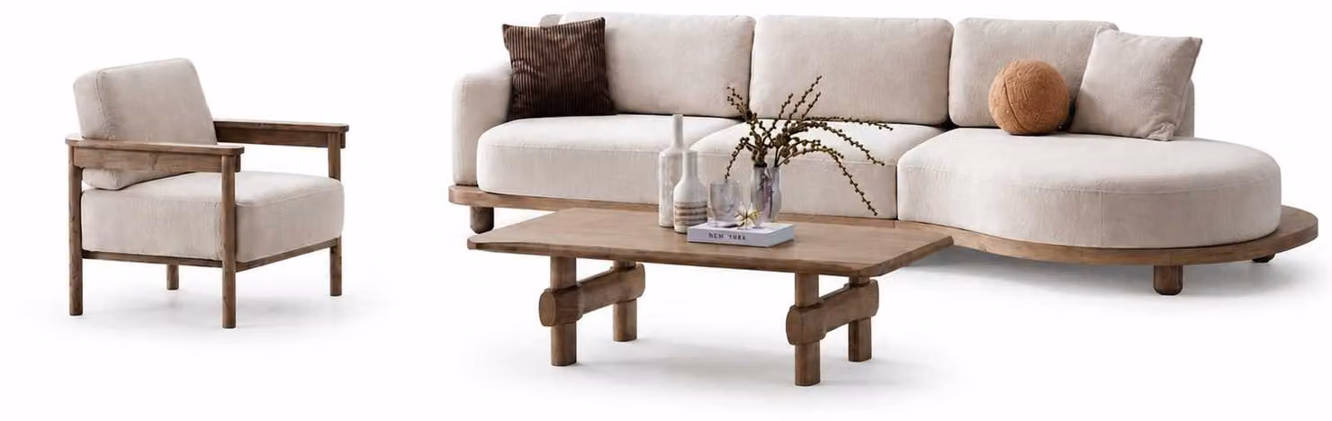 Divano componibile 4 posti + 1, design moderno, imbottitura per soggiorno, tavolino in legno