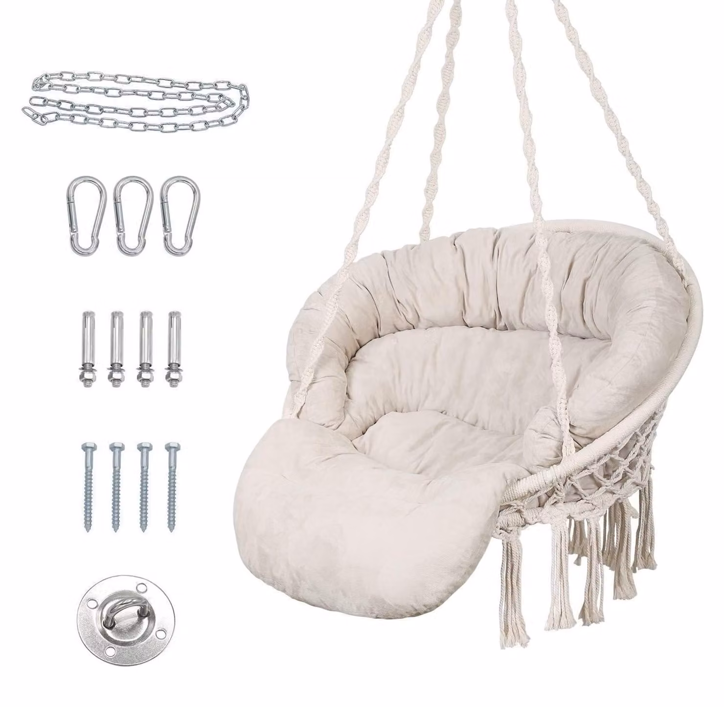 Sedia a dondolo sospesa con cuscino, poltrona a dondolo in macramè, cotone bohémien, adatta per interni ed esterni, portata massima 150 kg, color beige