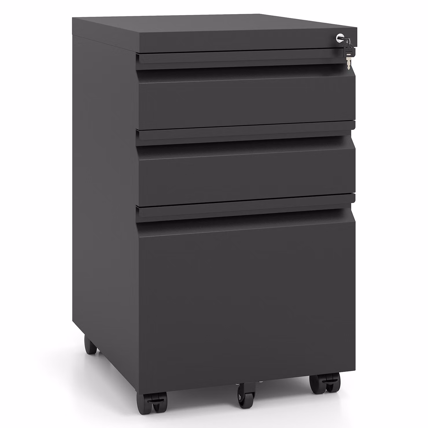 Cassettiera da ufficio Costway in acciaio con 3 cassetti, ruote e serratura, mobiletto porta documenti e stampante nero opaco