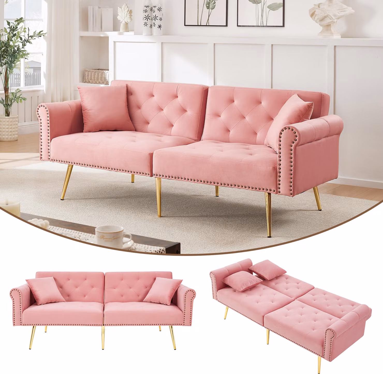 Divano letto a due posti Merax con funzione letto e schienale regolabile, rivestimento in velluto e piedini in metallo dorato – Cuscini e vano portaoggetti inclusi, rosa