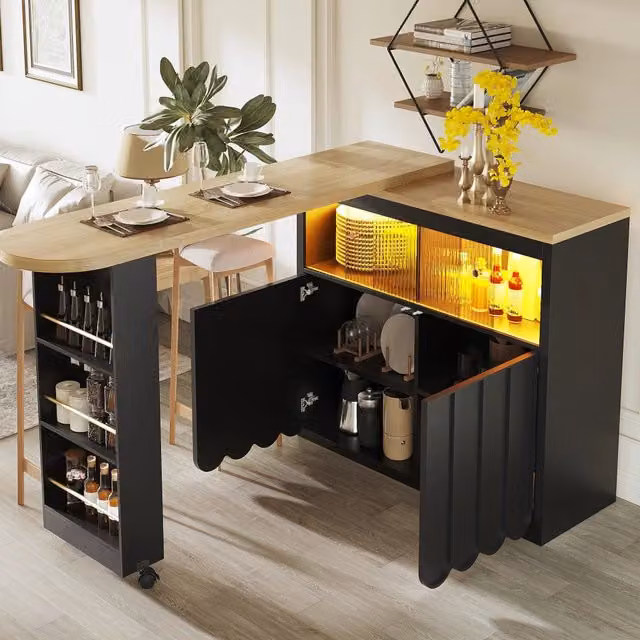 Tavolo bar allungabile con LED e ruote frenate vano con anta scorrevole in vetro per cucina nero 135 × 39 × 100 cm