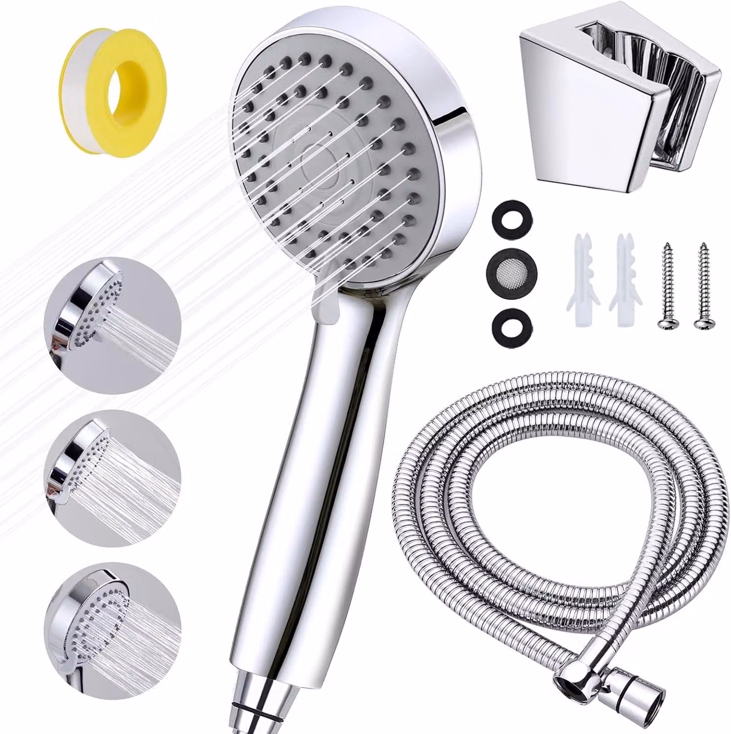 Doccia universale a risparmio idrico, con tubo flessibile 1-55 m e supporto – Doccia portatile cromata – 3 tipi di getto – Pressione elevata (ABS)