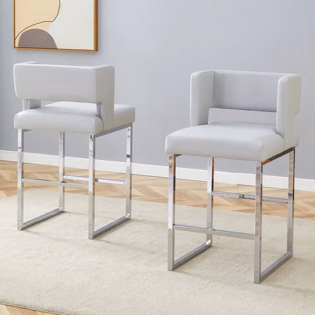 Set di 2 sedie da pranzo MINIMAL con gambe in metallo e rivestimento in ecopelle, design moderno, Grigio Chiaro e Argento