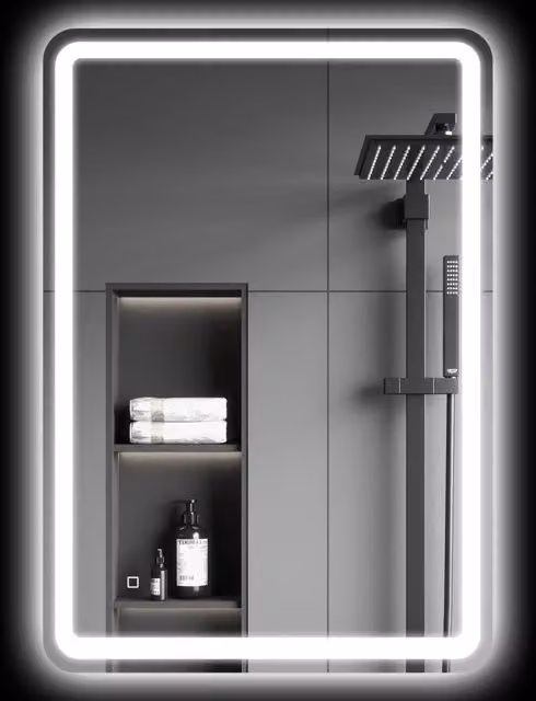 Specchio da bagno moderno Design In con luce LED, interruttore touch e funzione antiappannamento, colore argento, L: 70 cm, H: 100 cm – 1