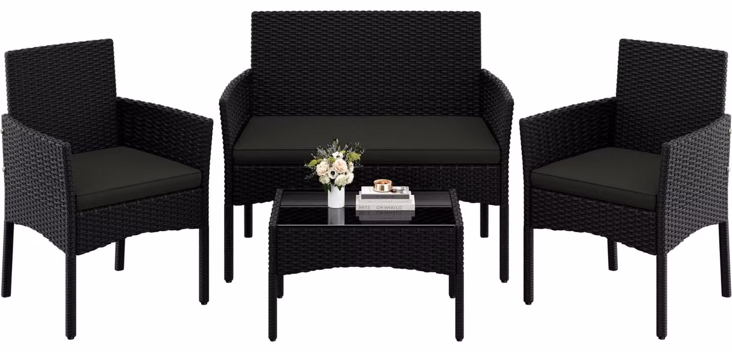 Set da giardino Polirattan - Nero e grigio - 4 pezzi con divano 2 posti, 2 poltrone e tavolino - Per terrazzo, balcone e giardino