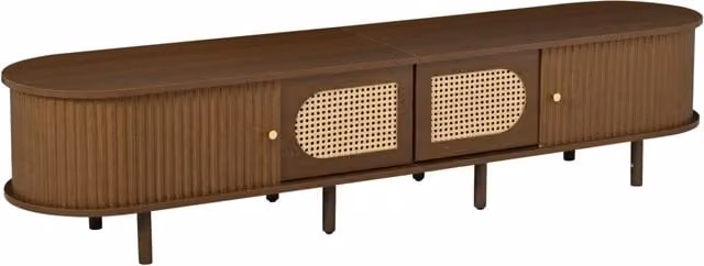 Mobile TV in MDF con finitura noce, 180x40x40 cm, 2 ante in rattan e 2 ante scorrevoli, supporta TV fino a 80 pollici