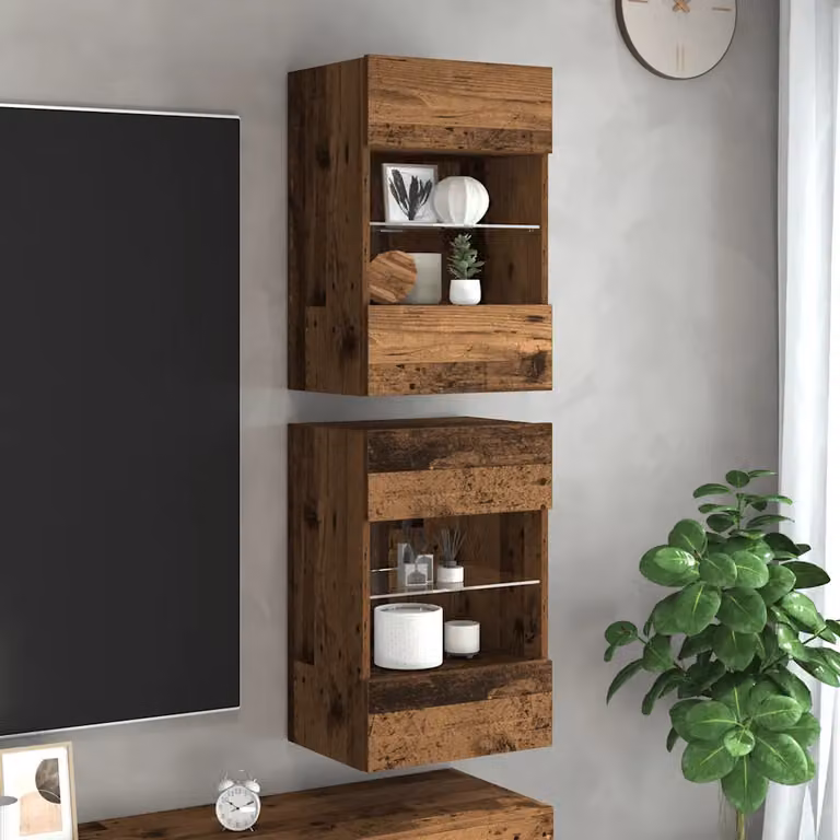 Set di 2 mobili da parete vidaXL con luci LED integrate in legno vecchio marrone L 40 cm, P 30 cm, H 60,5 cm