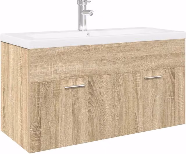 Mobile bagno moderno con lavabo integrato in legno composito rovere Sonoma marrone L: 90 cm, P: 38,5 cm, H: 46 cm