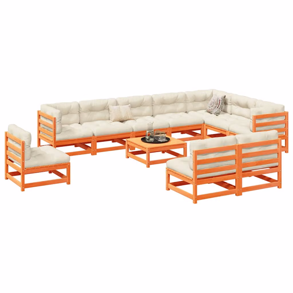 Set di divani da giardino vidaXL 11 pezzi in legno di pino massello marrone con cuscini inclusi