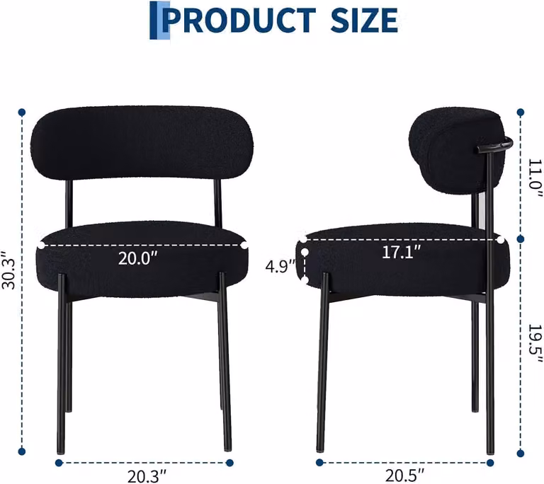 Set di 2 sedie da pranzo Sherpa - Sedia imbottita/sedia d'accento - Schienale ergonomico - Imbottitura morbida - Gambe in metallo robuste - Adatte per cucina, soggiorno, camera da letto - Colore: nero