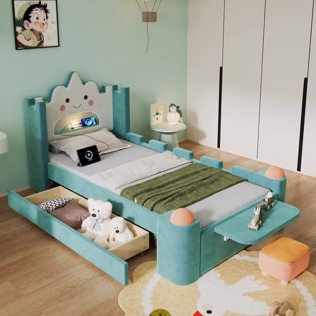 Letto singolo imbottito moderno in tessuto con cassetti, luce sottostante, lampada da lettura integrata, porta USB e mensola, disponibile in blu o verde, 90x200 cm