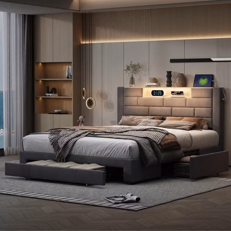 Letto morbido ProximaX con cassetti, striscia luminosa a LED e connessione USB, contenitore per la testata del letto, 140×200 cm, velluto grigio, per una camera da letto accogliente c