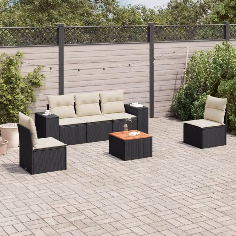 Set Divano da Giardino vidaXL 6 pz in Polyrattan Nero con Cuscini e Tavolino da Esterno