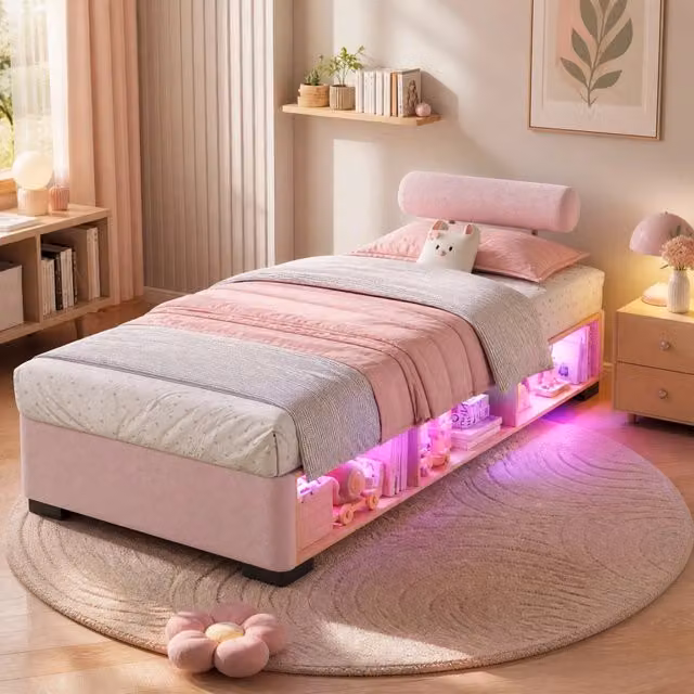 Letto imbottito REDOM in velluto rosa con ripiano laterale e illuminazione LED L/P/H: 200 x 90 x 34 cm