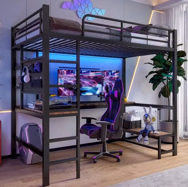 Letto a soppalco singolo moderno nero con scrivania, illuminazione LED e porta di ricarica USB-C, L/P/H: 90 x 200 x 180 cm
