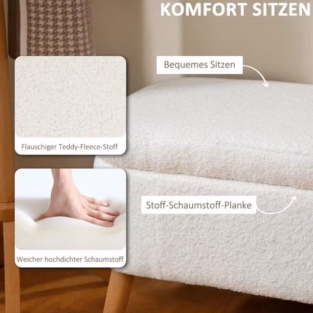 Panca contenitore REDOM in legno e tessuto, colore bianco e beige, L: 120 cm, P: 42 cm, H: 45 cm – 1
