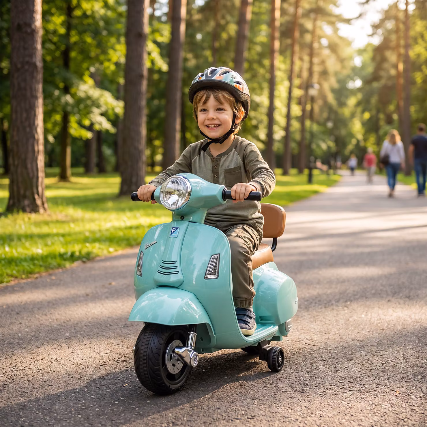 Moto elettrica per bambini AIYAPLAY Mini Vespa GTS con 2 rotelle, faro, clacson e schienale, Verde – 2