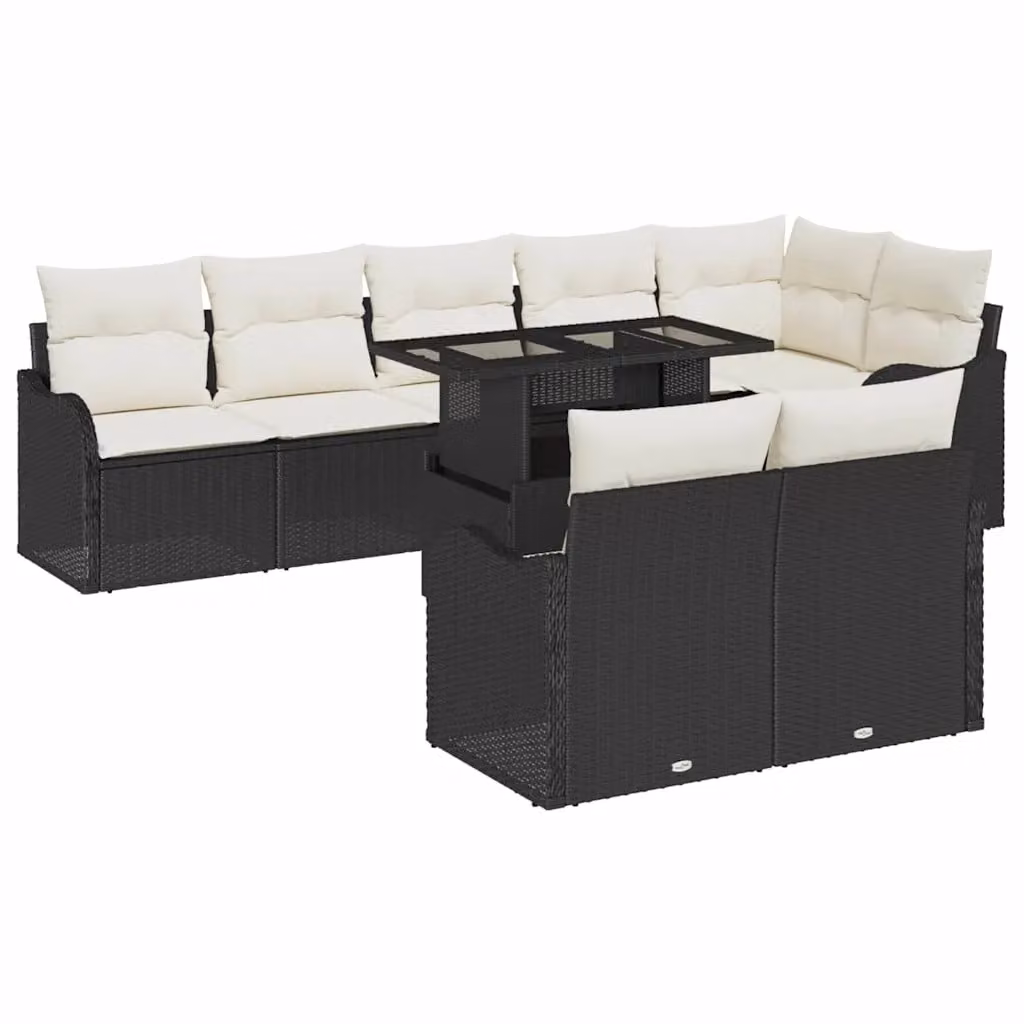Set Divano da Giardino Moderno vidaXL a Forma a U, 9 Pezzi con Cuscini e Tavolino, Nero e Bianco