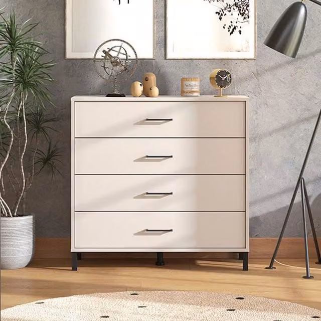 Cassettiera DMORA Vidor con 4 cassetti, design moderno, Bianco, L: 93 cm, P: 40 cm, H: 90 cm