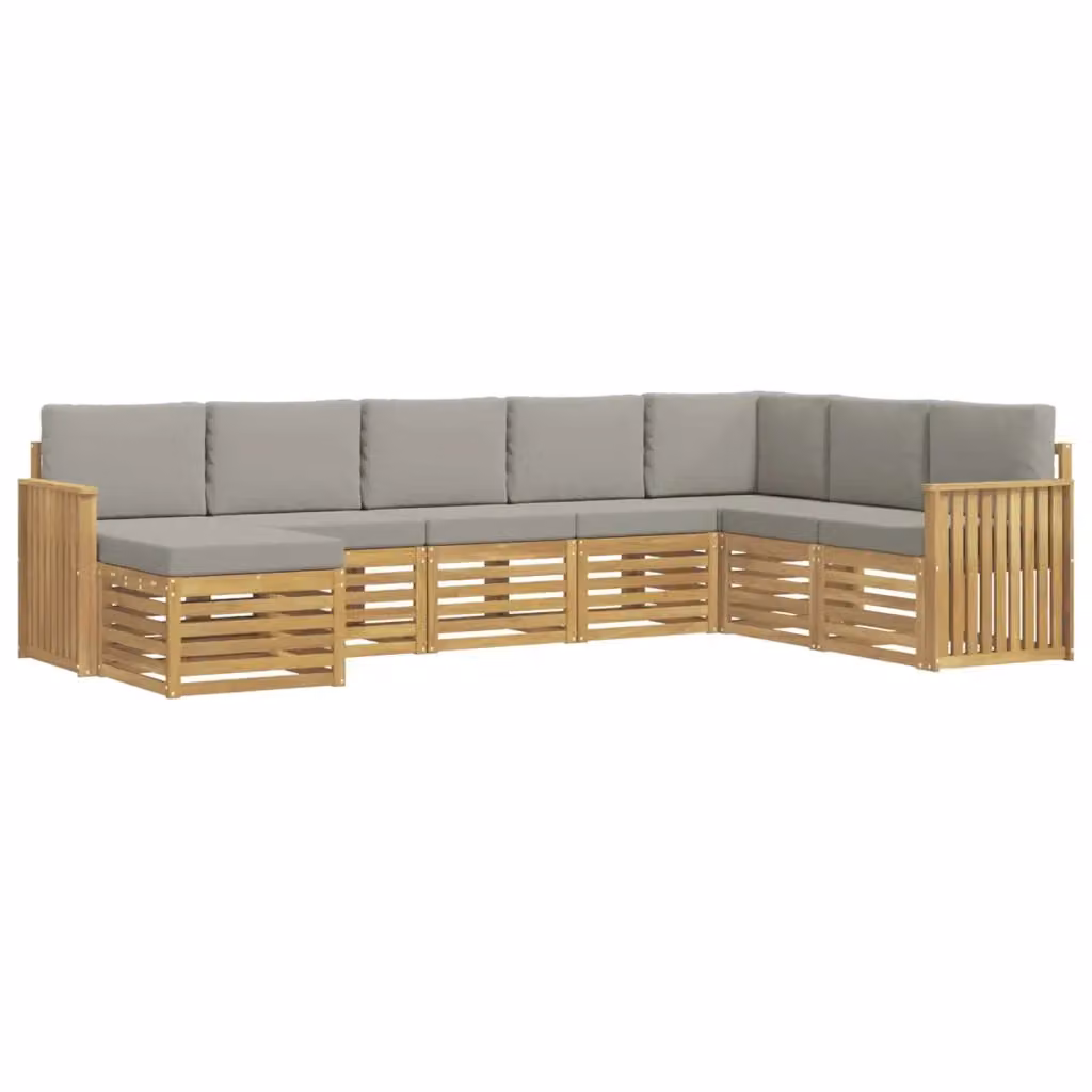 Set di divani da esterno a L vidaXL in legno di acacia con pouf e cuscini, Bianco e Grigio – 2