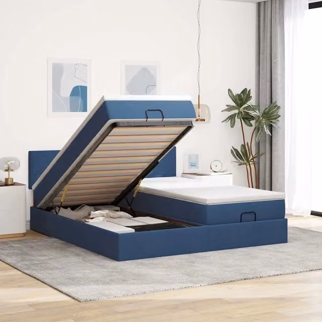 Struttura Letto Pouf con Materassi Blu 160x200 cm in Tessuto 3312821